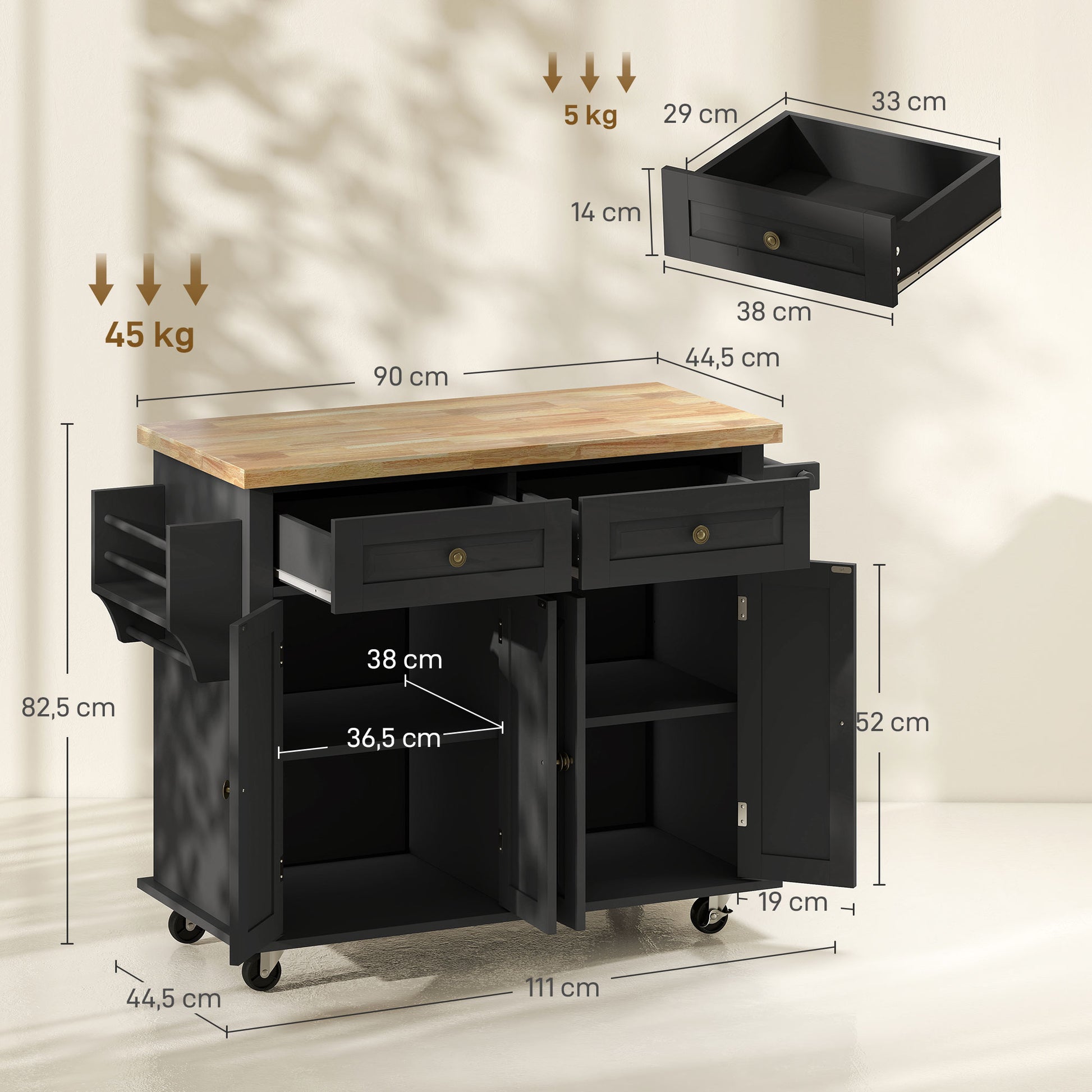 Isla de Cocina con Ruedas Carro de Cocina con 2 Cajones 4 Puertas Especiero Encimera de Madera Estante Ajustable y Barra Lateral para Comedor 111x44,5x82,5 cm Negro
