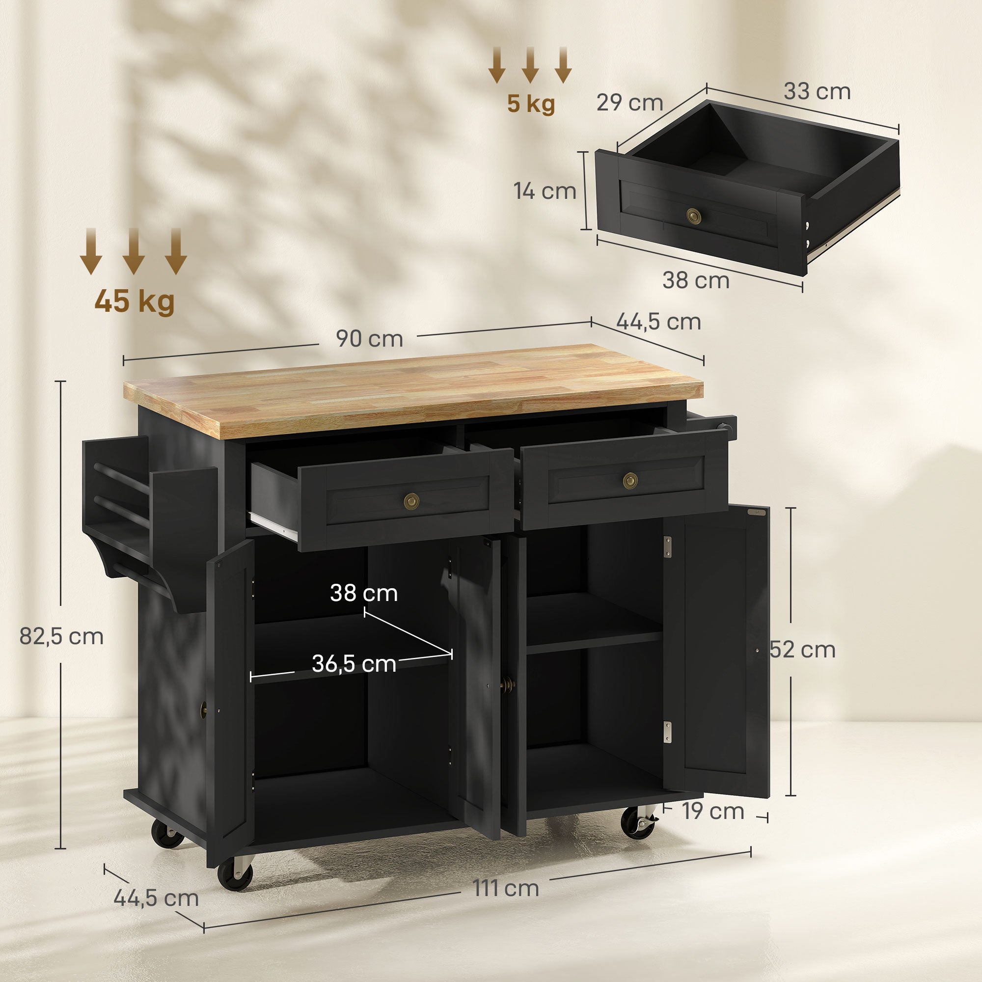 Isla de Cocina con Ruedas Carro de Cocina con 2 Cajones 4 Puertas Especiero Encimera de Madera Estante Ajustable y Barra Lateral para Comedor 111x44,5x82,5 cm Negro