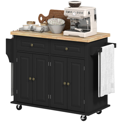 Isla de Cocina con Ruedas Carro de Cocina con 2 Cajones 4 Puertas Especiero Encimera de Madera Estante Ajustable y Barra Lateral para Comedor 111x44,5x82,5 cm Negro
