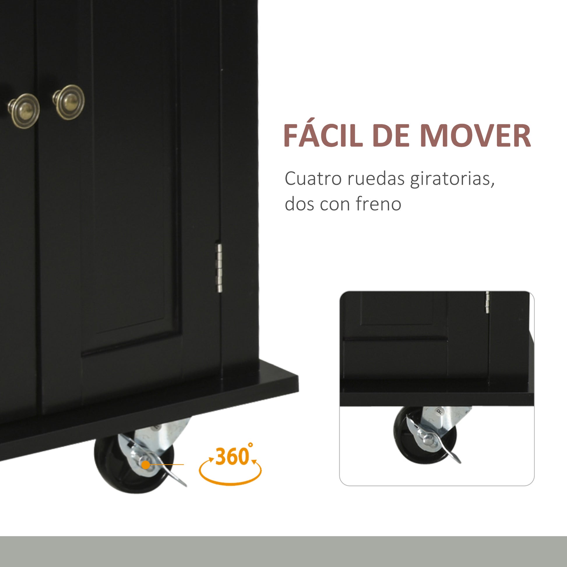 Isla de Cocina con Ruedas Carro de Cocina con 2 Cajones 4 Puertas Especiero Encimera de Madera Estante Ajustable y Barra Lateral para Comedor 111x44,5x82,5 cm Negro