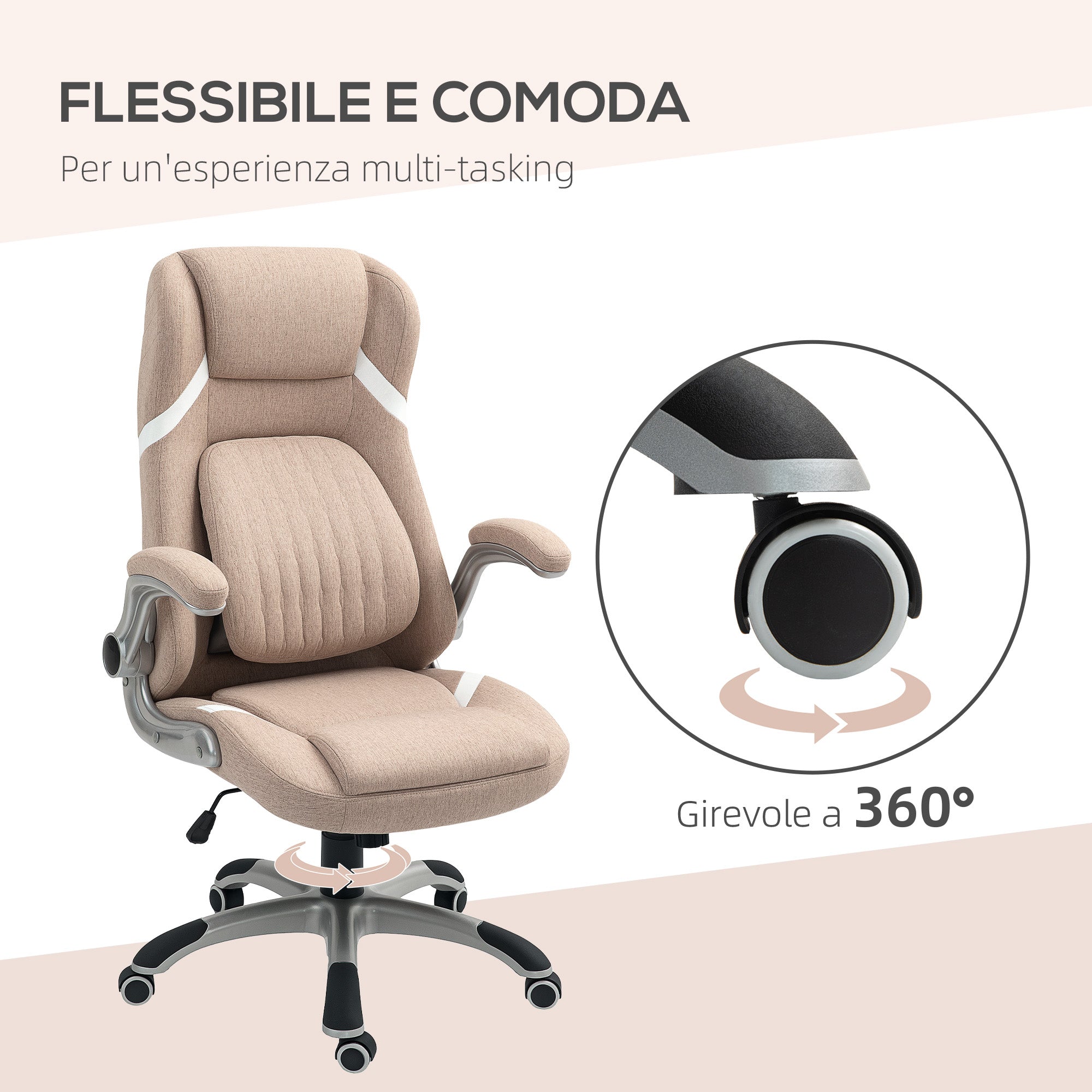 Ergonomic Office Chair with Flip-up Arms and Headrest, Swivel Desk Chair with Lumbar Support, Adjustable Height and Rocking Function in Fabric for Study, Light Brown