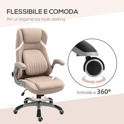 Ergonomic Office Chair with Flip-up Arms and Headrest, Swivel Desk Chair with Lumbar Support, Adjustable Height and Rocking Function in Fabric for Study, Light Brown