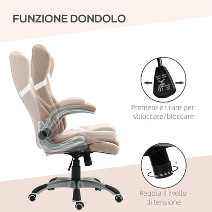 Ergonomic Office Chair with Flip-up Arms and Headrest, Swivel Desk Chair with Lumbar Support, Adjustable Height and Rocking Function in Fabric for Study, Light Brown