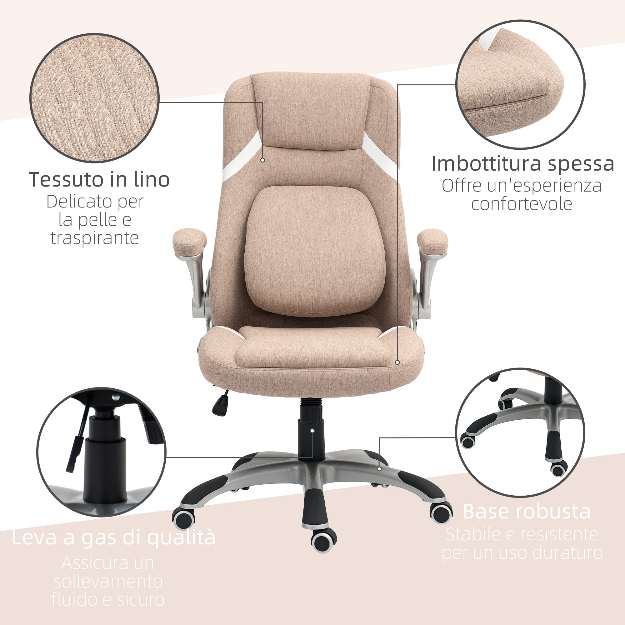 Ergonomic Office Chair with Flip-up Arms and Headrest, Swivel Desk Chair with Lumbar Support, Adjustable Height and Rocking Function in Fabric for Study, Light Brown