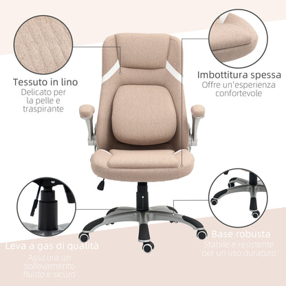 Ergonomic Office Chair with Flip-up Arms and Headrest, Swivel Desk Chair with Lumbar Support, Adjustable Height and Rocking Function in Fabric for Study, Light Brown