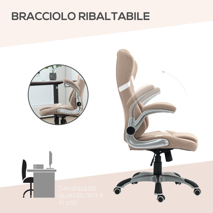 Ergonomic Office Chair with Flip-up Arms and Headrest, Swivel Desk Chair with Lumbar Support, Adjustable Height and Rocking Function in Fabric for Study, Light Brown