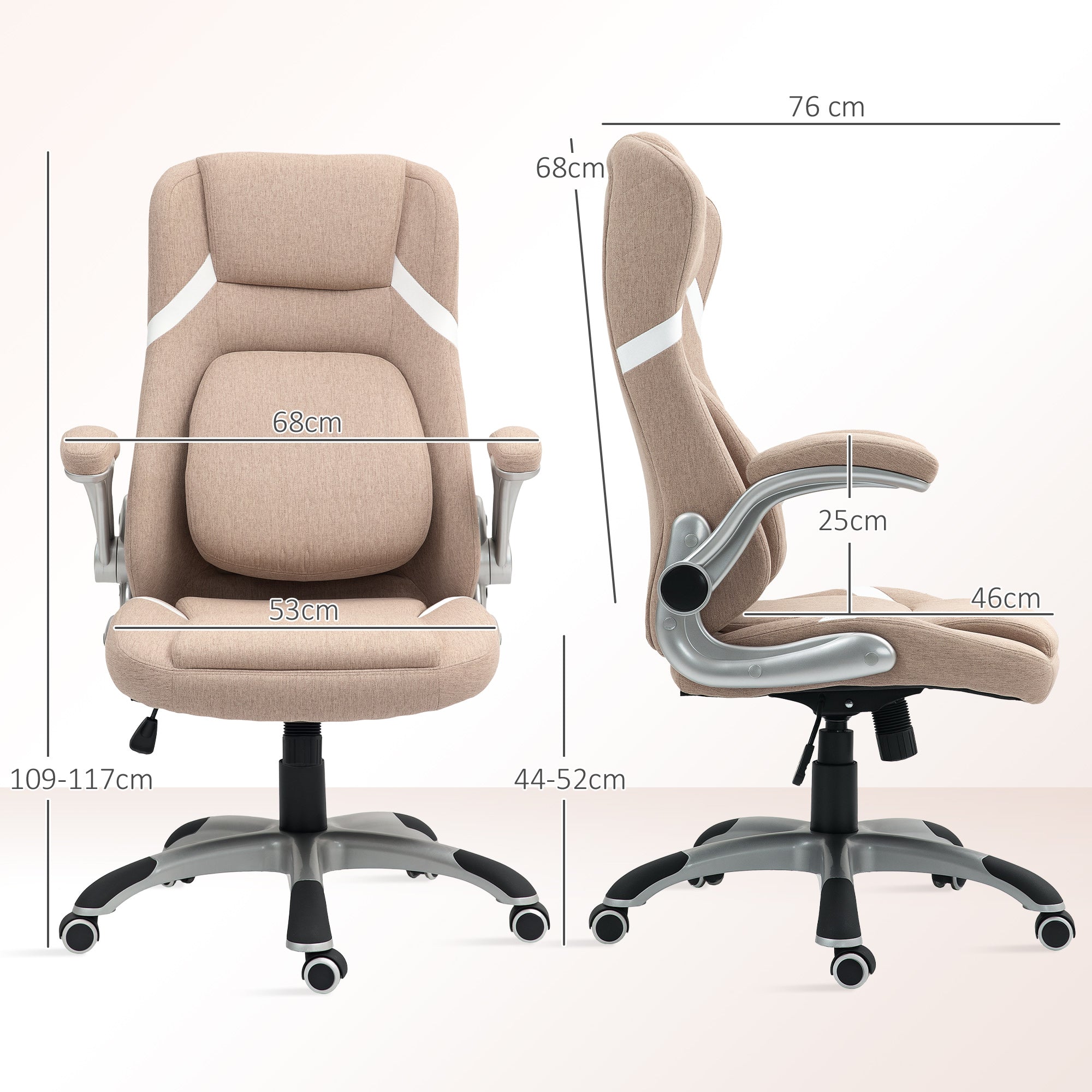 Ergonomic Office Chair with Flip-up Arms and Headrest, Swivel Desk Chair with Lumbar Support, Adjustable Height and Rocking Function in Fabric for Study, Light Brown