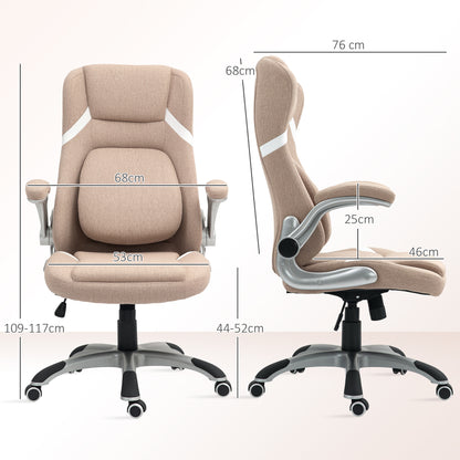Ergonomic Office Chair with Flip-up Arms and Headrest, Swivel Desk Chair with Lumbar Support, Adjustable Height and Rocking Function in Fabric for Study, Light Brown