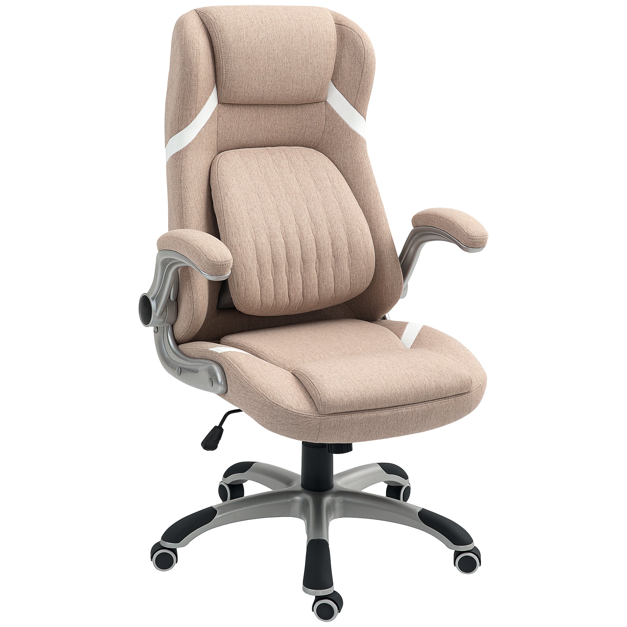 Ergonomic Office Chair with Flip-up Arms and Headrest, Swivel Desk Chair with Lumbar Support, Adjustable Height and Rocking Function in Fabric for Study, Light Brown