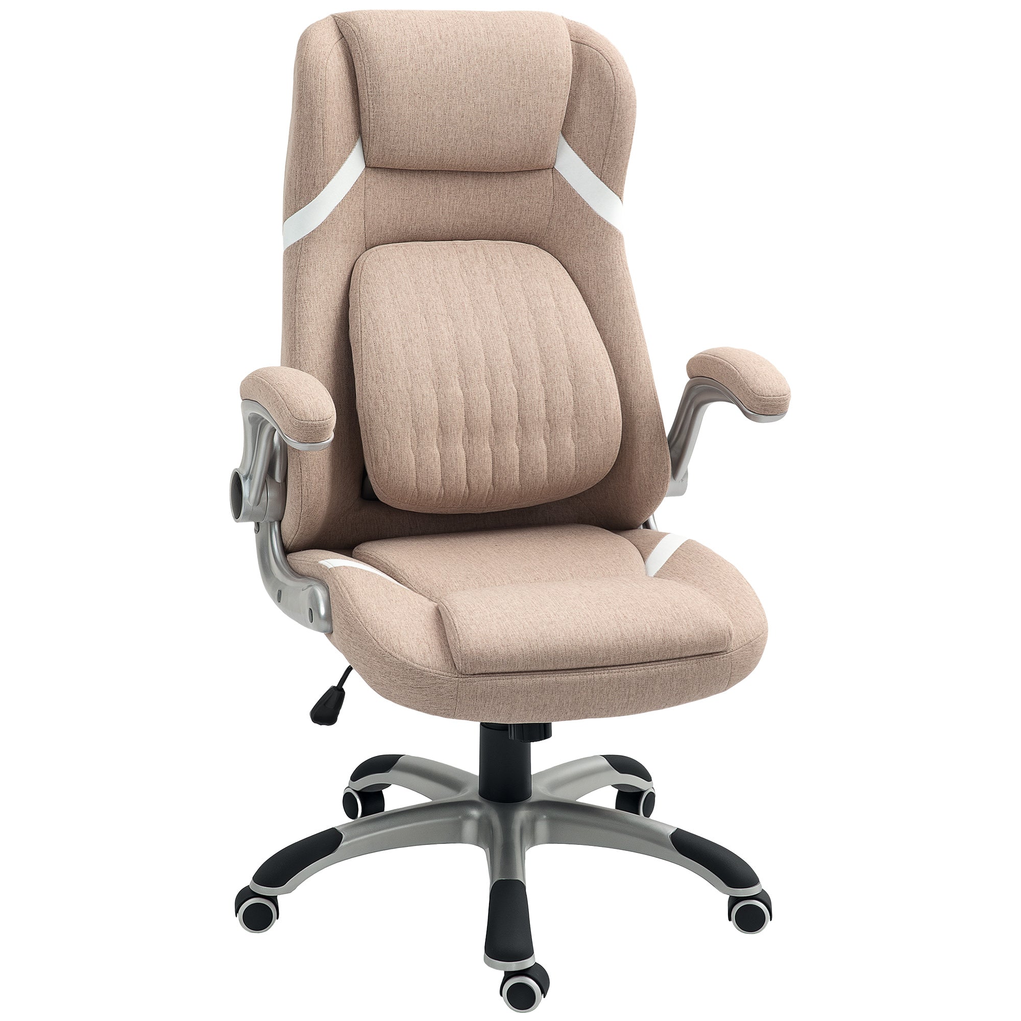 Ergonomic Office Chair with Flip-up Arms and Headrest, Swivel Desk Chair with Lumbar Support, Adjustable Height and Rocking Function in Fabric for Study, Light Brown