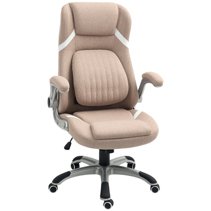 Ergonomic Office Chair with Flip-up Arms and Headrest, Swivel Desk Chair with Lumbar Support, Adjustable Height and Rocking Function in Fabric for Study, Light Brown