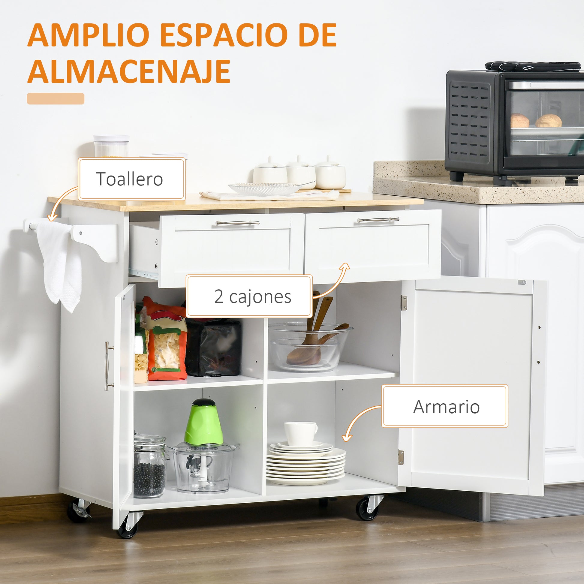 Kitchen Island on Wheels Kitchen Cart Kitchen Buffet with 2 Doors 2 Drawers Towel Bar and Adjustable Shelf for Dining Room Living Room 104x46x91 cm White