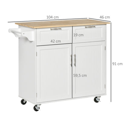 Kitchen Island on Wheels Kitchen Cart Kitchen Buffet with 2 Doors 2 Drawers Towel Bar and Adjustable Shelf for Dining Room Living Room 104x46x91 cm White