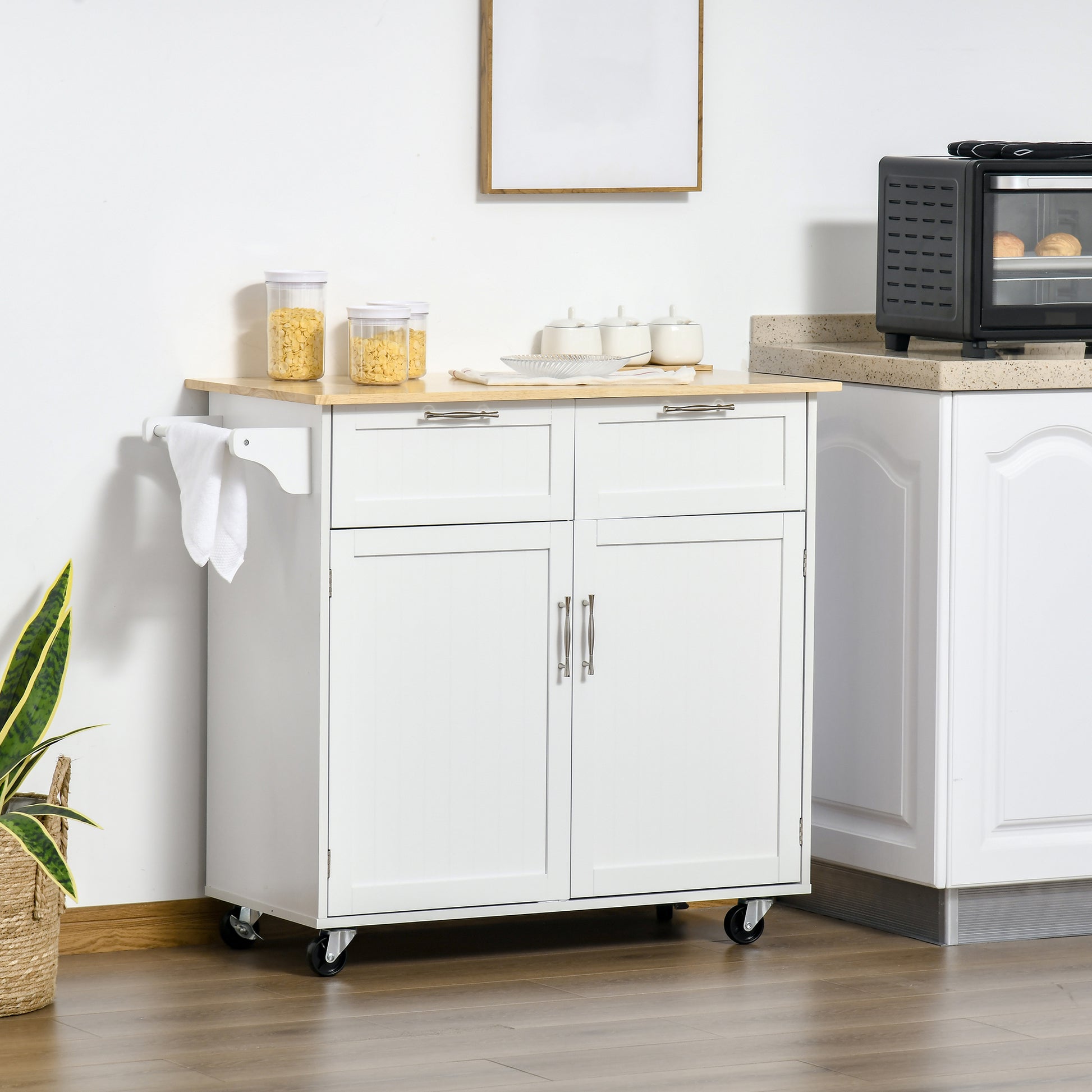 Kitchen Island on Wheels Kitchen Cart Kitchen Buffet with 2 Doors 2 Drawers Towel Bar and Adjustable Shelf for Dining Room Living Room 104x46x91 cm White