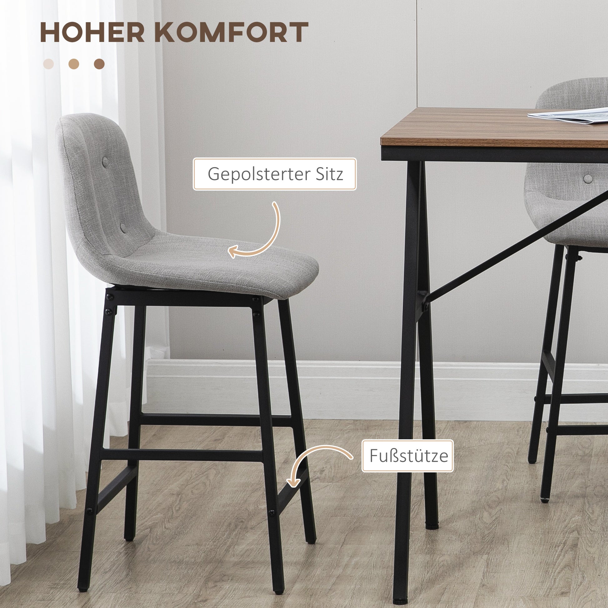 Bar Table with Bar Stool Set, 5-Piece Dining Group, Kitchen Table, Bistro Table with 4 Chairs, Bar Table Set for Kitchen, Living Room, Steel, Light Grey, 120 x 60 x 91 cm