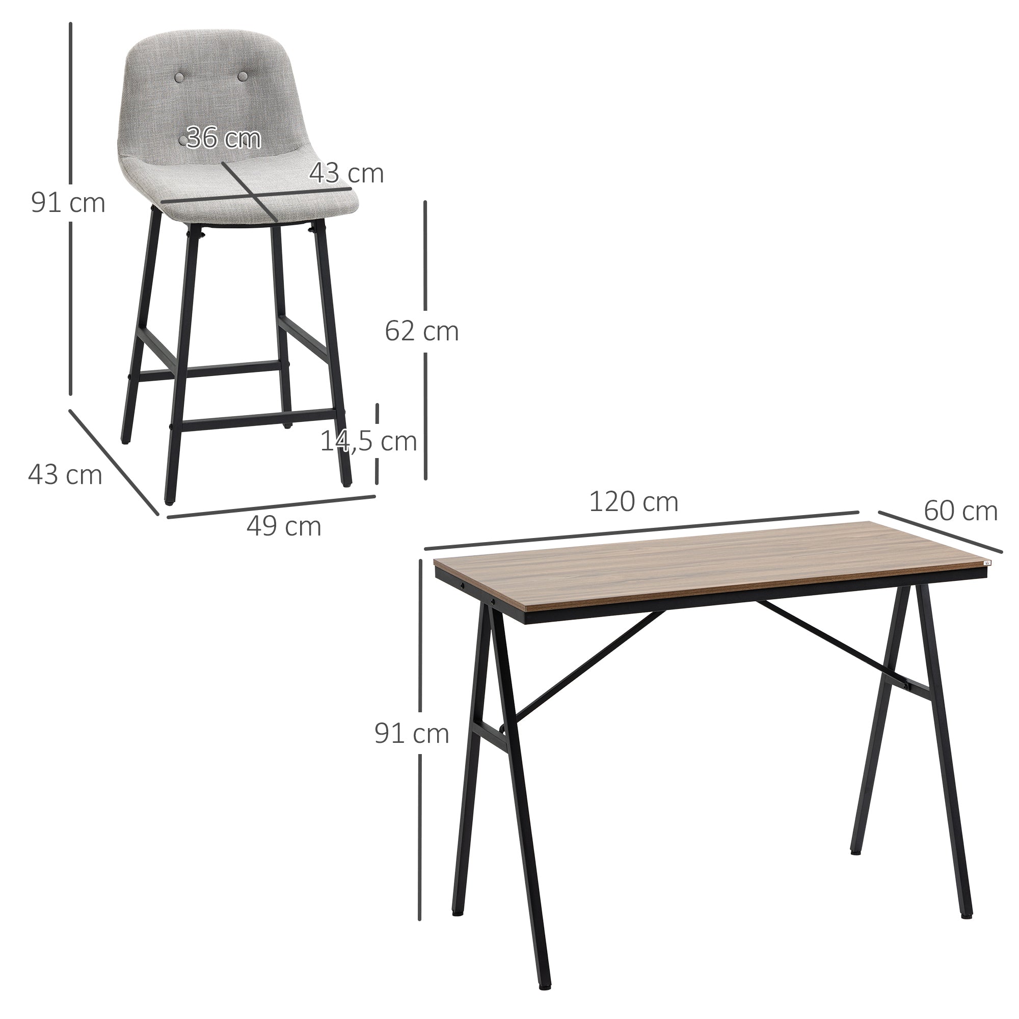 Bar Table with Bar Stool Set, 5-Piece Dining Group, Kitchen Table, Bistro Table with 4 Chairs, Bar Table Set for Kitchen, Living Room, Steel, Light Grey, 120 x 60 x 91 cm