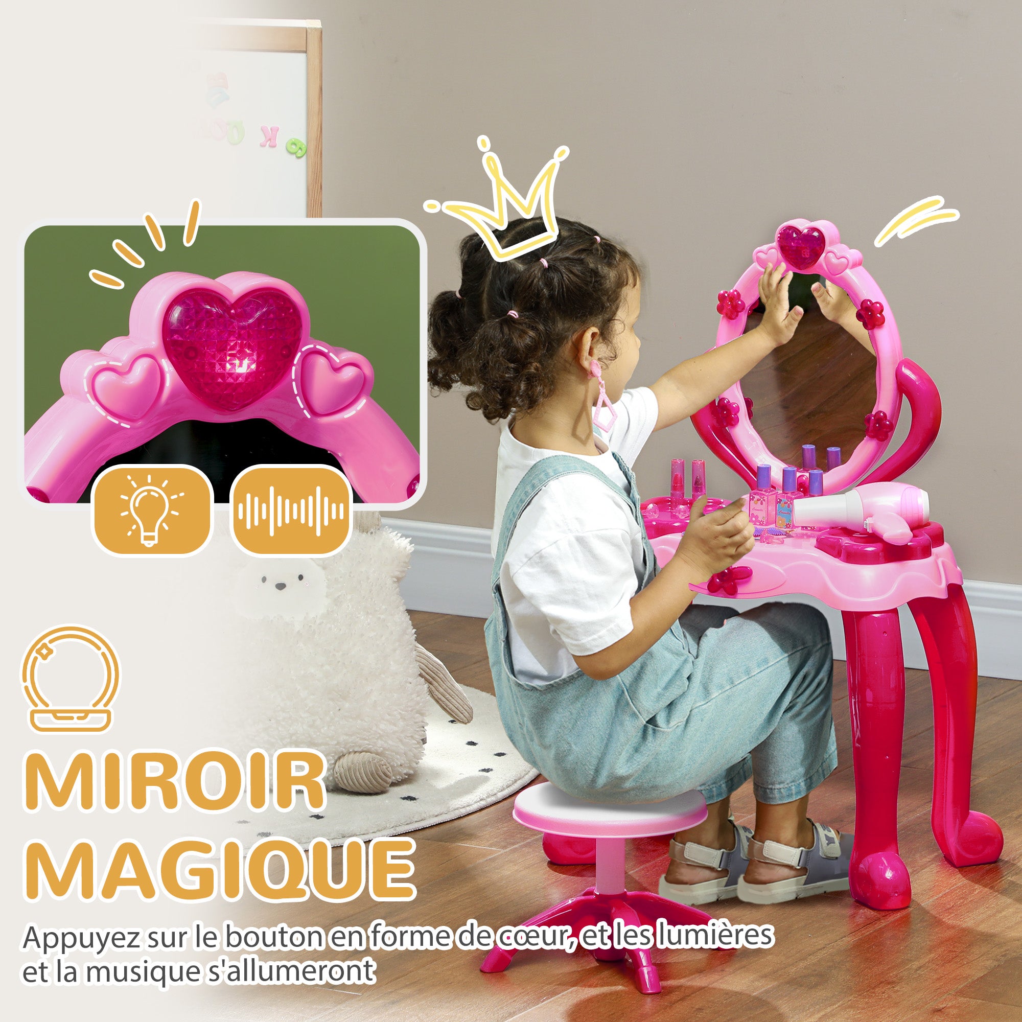 Children's Vanity Set for Ages 3-6 includes Vanity Table and Stool with Light, Music, Hair Dryer, Rose