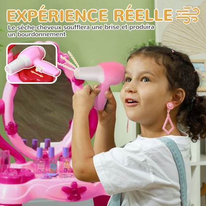 Children's Vanity Set for Ages 3-6 includes Vanity Table and Stool with Light, Music, Hair Dryer, Rose