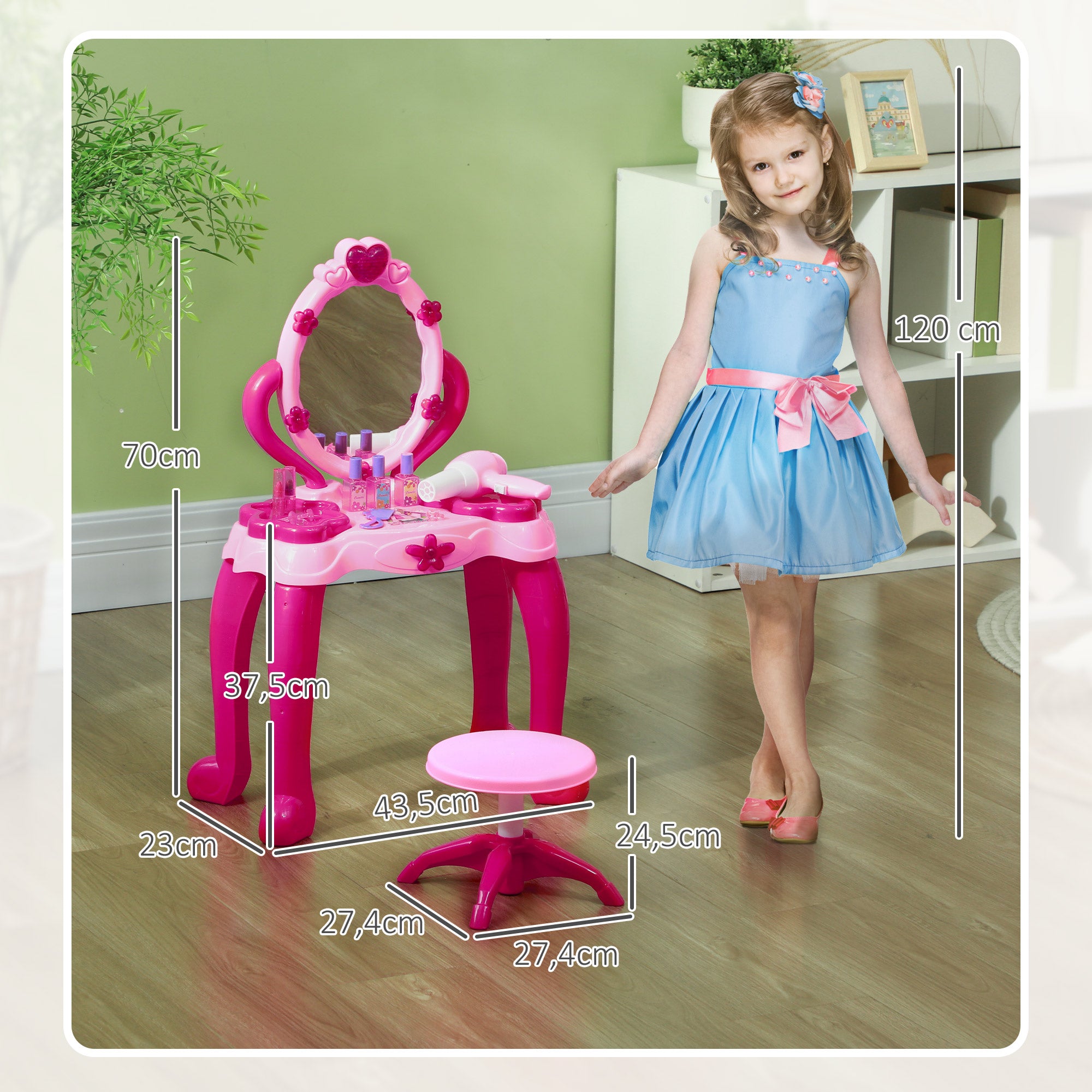 Children's Vanity Set for Ages 3-6 includes Vanity Table and Stool with Light, Music, Hair Dryer, Rose