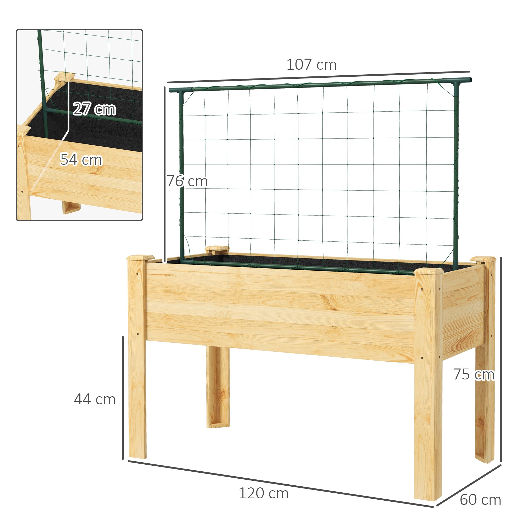 Raised Urban Garden with Lattice Elevated Planting Table Raised Planter for Climbing Vegetable Plants Flowers Load 300 kg 120x60x75 cm Natural