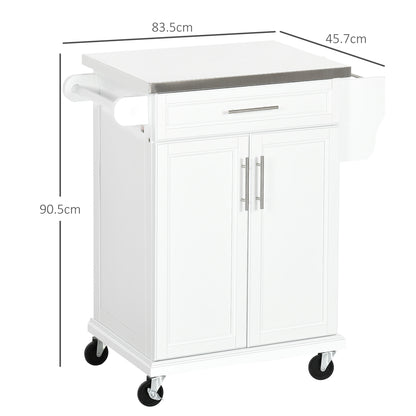Kitchen Island Modern Kitchen Sideboard with 4 Wheels 1 Drawer 1 Towel Rack 1 Spice Rack and Adjustable Shelf 83.5x45.7x90.5 cm White