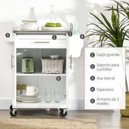 Kitchen Island Modern Kitchen Sideboard with 4 Wheels 1 Drawer 1 Towel Rack 1 Spice Rack and Adjustable Shelf 83.5x45.7x90.5 cm White