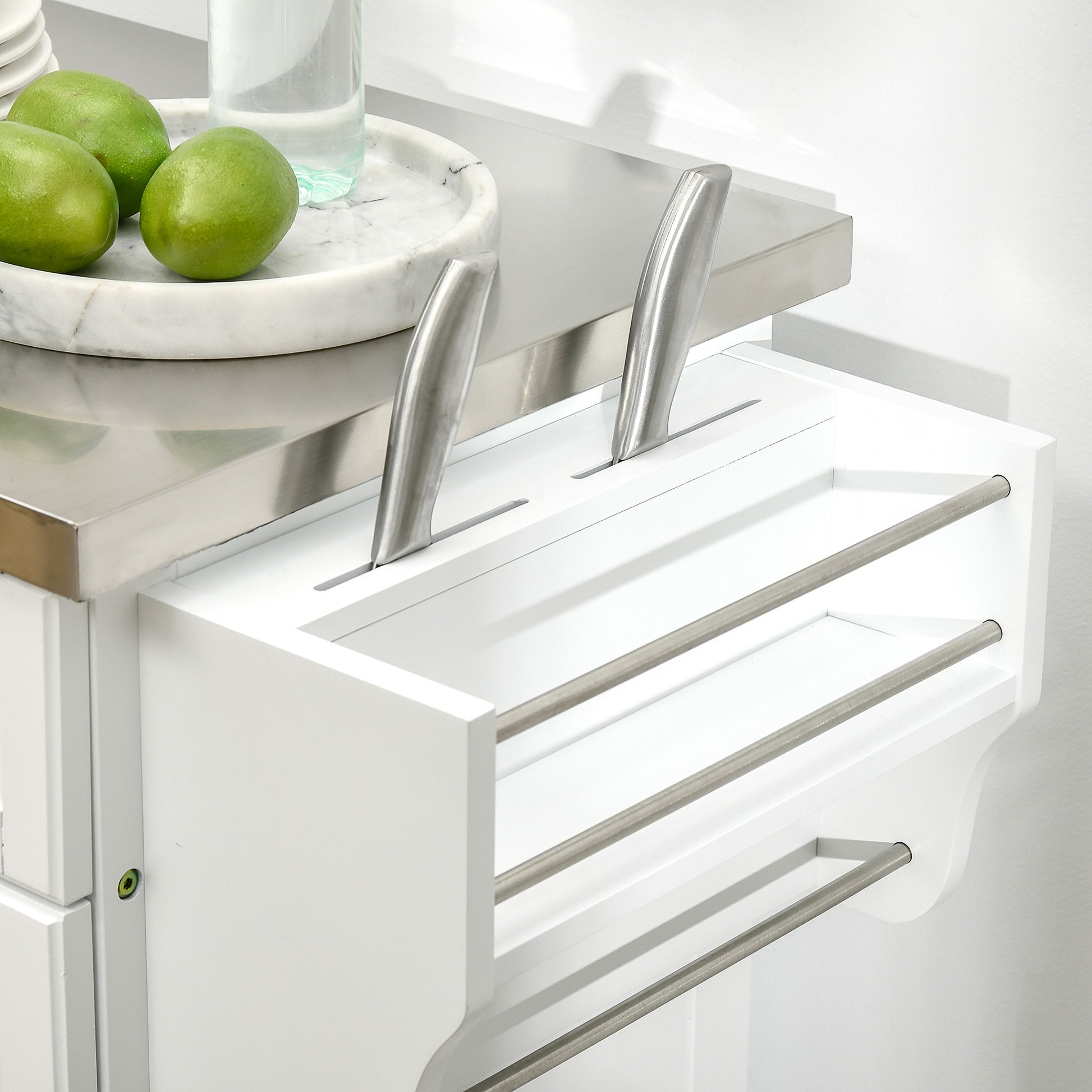 Kitchen Island Modern Kitchen Sideboard with 4 Wheels 1 Drawer 1 Towel Rack 1 Spice Rack and Adjustable Shelf 83.5x45.7x90.5 cm White