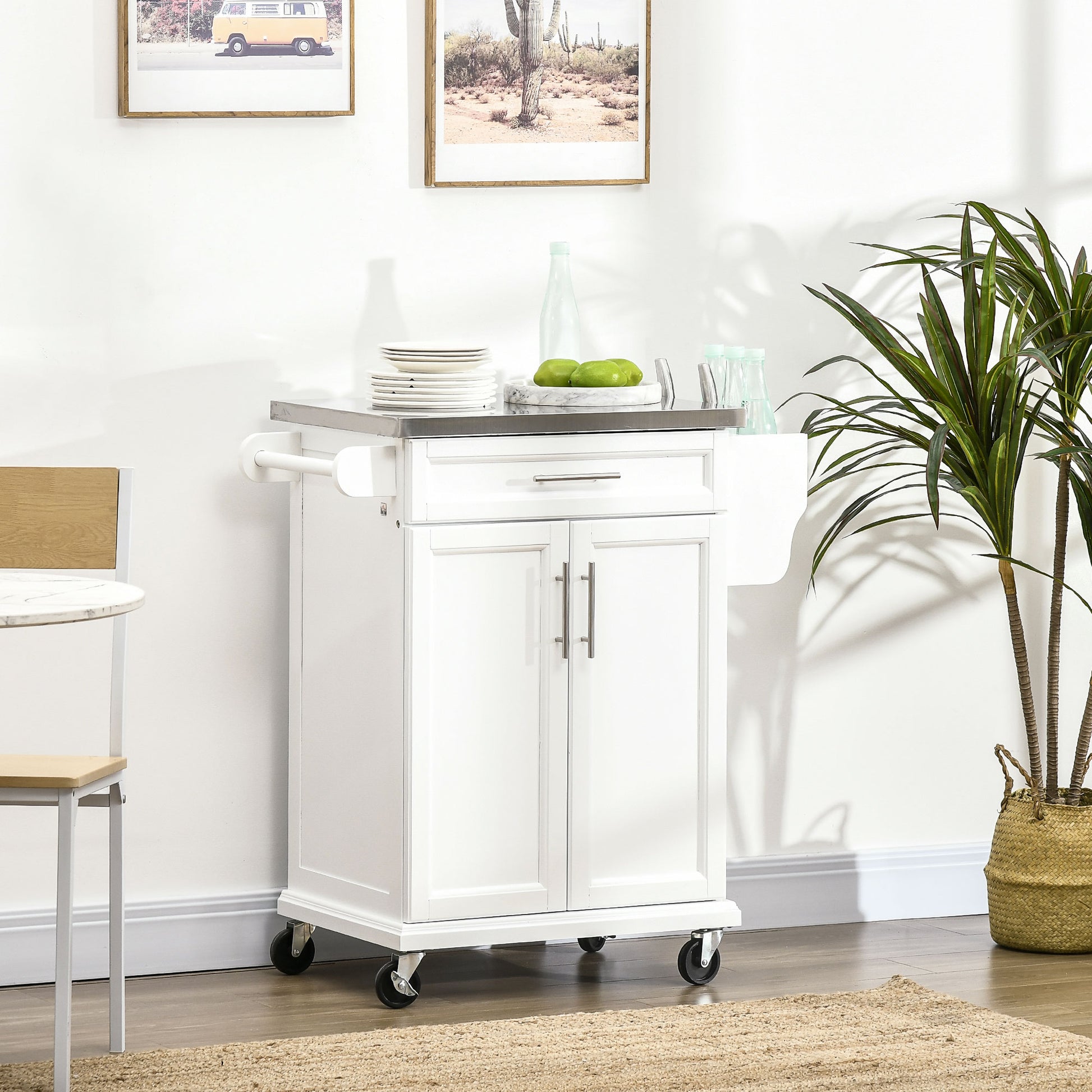 Kitchen Island Modern Kitchen Sideboard with 4 Wheels 1 Drawer 1 Towel Rack 1 Spice Rack and Adjustable Shelf 83.5x45.7x90.5 cm White