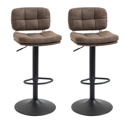 Set of 2 Vintage Buttoned Bar Stools - Swivel, Adjustable - Footrest - Brown Aged Synthetic Leather Effect Upholstery
