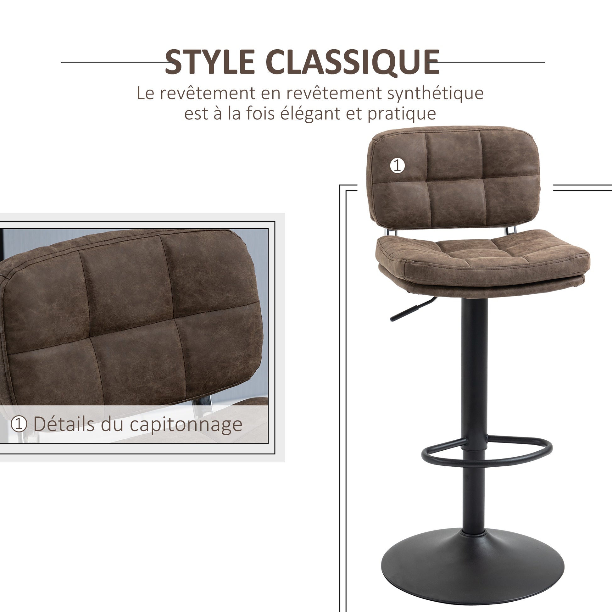 Set of 2 Vintage Buttoned Bar Stools - Swivel, Adjustable - Footrest - Brown Aged Synthetic Leather Effect Upholstery