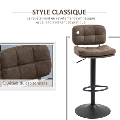 Set of 2 Vintage Buttoned Bar Stools - Swivel, Adjustable - Footrest - Brown Aged Synthetic Leather Effect Upholstery