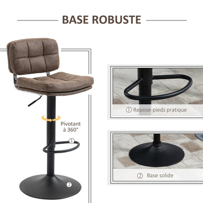 Set of 2 Vintage Buttoned Bar Stools - Swivel, Adjustable - Footrest - Brown Aged Synthetic Leather Effect Upholstery