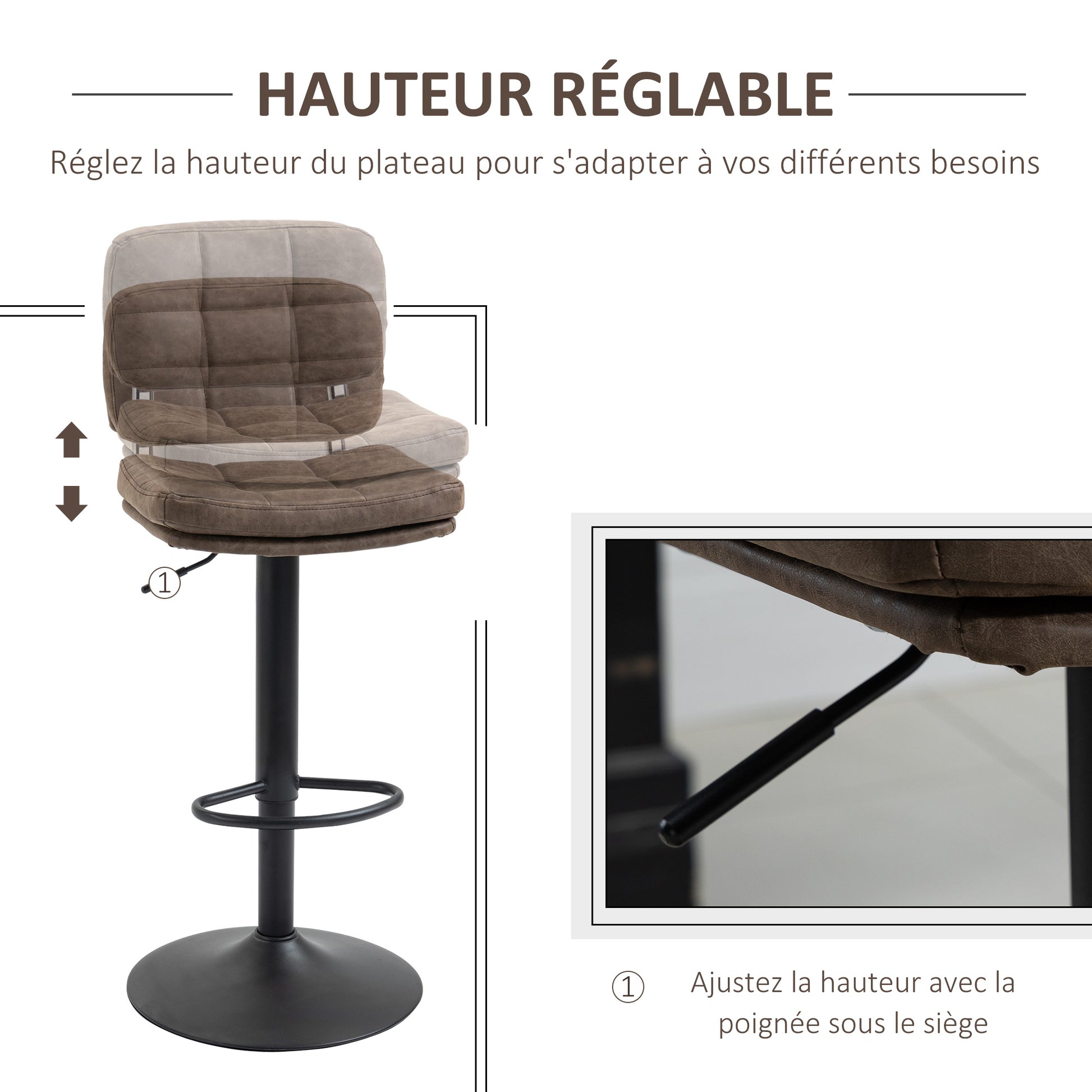 Set of 2 Vintage Buttoned Bar Stools - Swivel, Adjustable - Footrest - Brown Aged Synthetic Leather Effect Upholstery