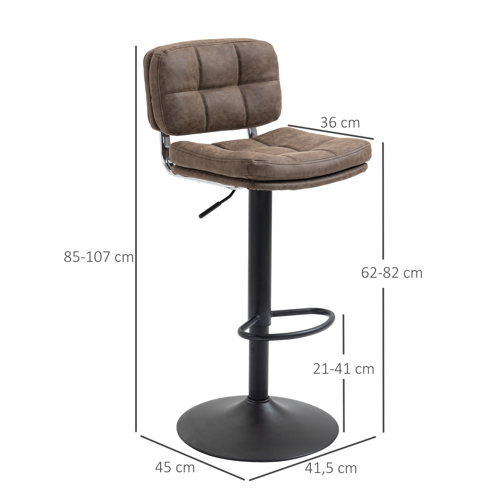 Set of 2 Vintage Buttoned Bar Stools - Swivel, Adjustable - Footrest - Brown Aged Synthetic Leather Effect Upholstery