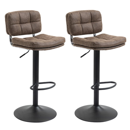Set of 2 Vintage Buttoned Bar Stools - Swivel, Adjustable - Footrest - Brown Aged Synthetic Leather Effect Upholstery