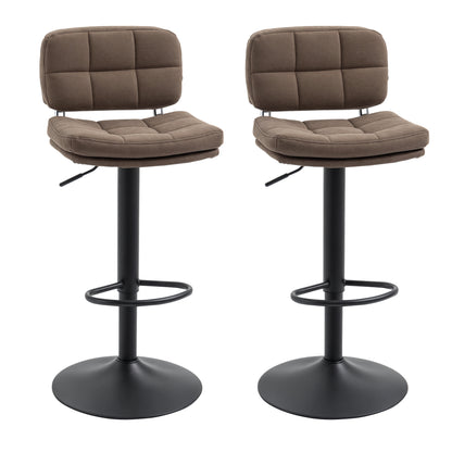 Set of 2 Vintage Buttoned Bar Stools - Swivel, Adjustable - Footrest - Brown Aged Synthetic Leather Effect Upholstery