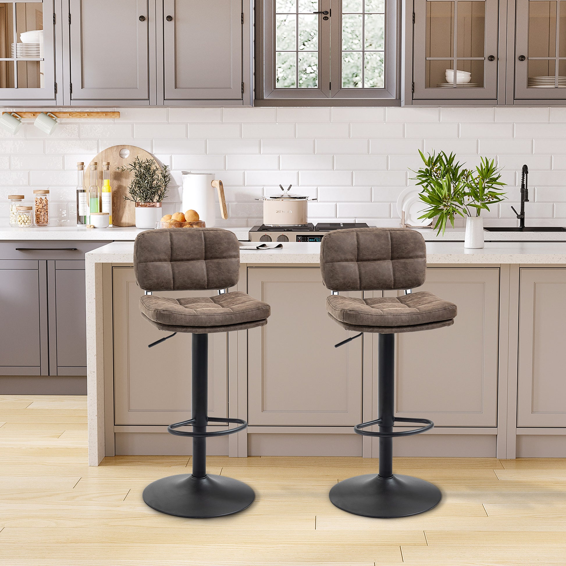 Set of 2 Vintage Buttoned Bar Stools - Swivel, Adjustable - Footrest - Brown Aged Synthetic Leather Effect Upholstery