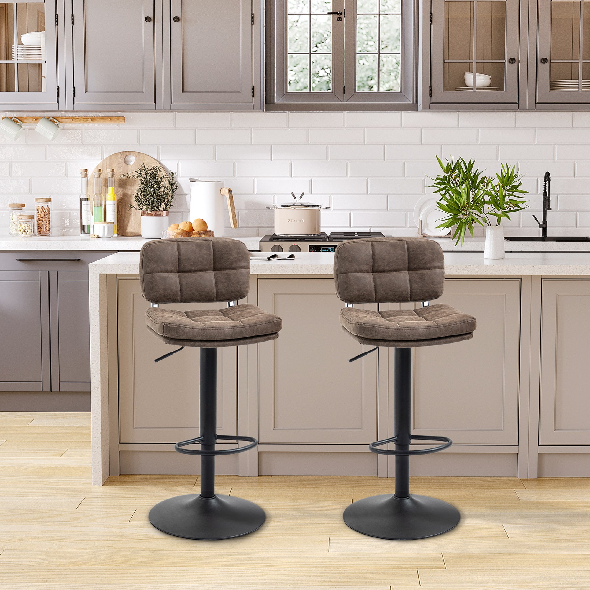 Set of 2 Vintage Buttoned Bar Stools - Swivel, Adjustable - Footrest - Brown Aged Synthetic Leather Effect Upholstery