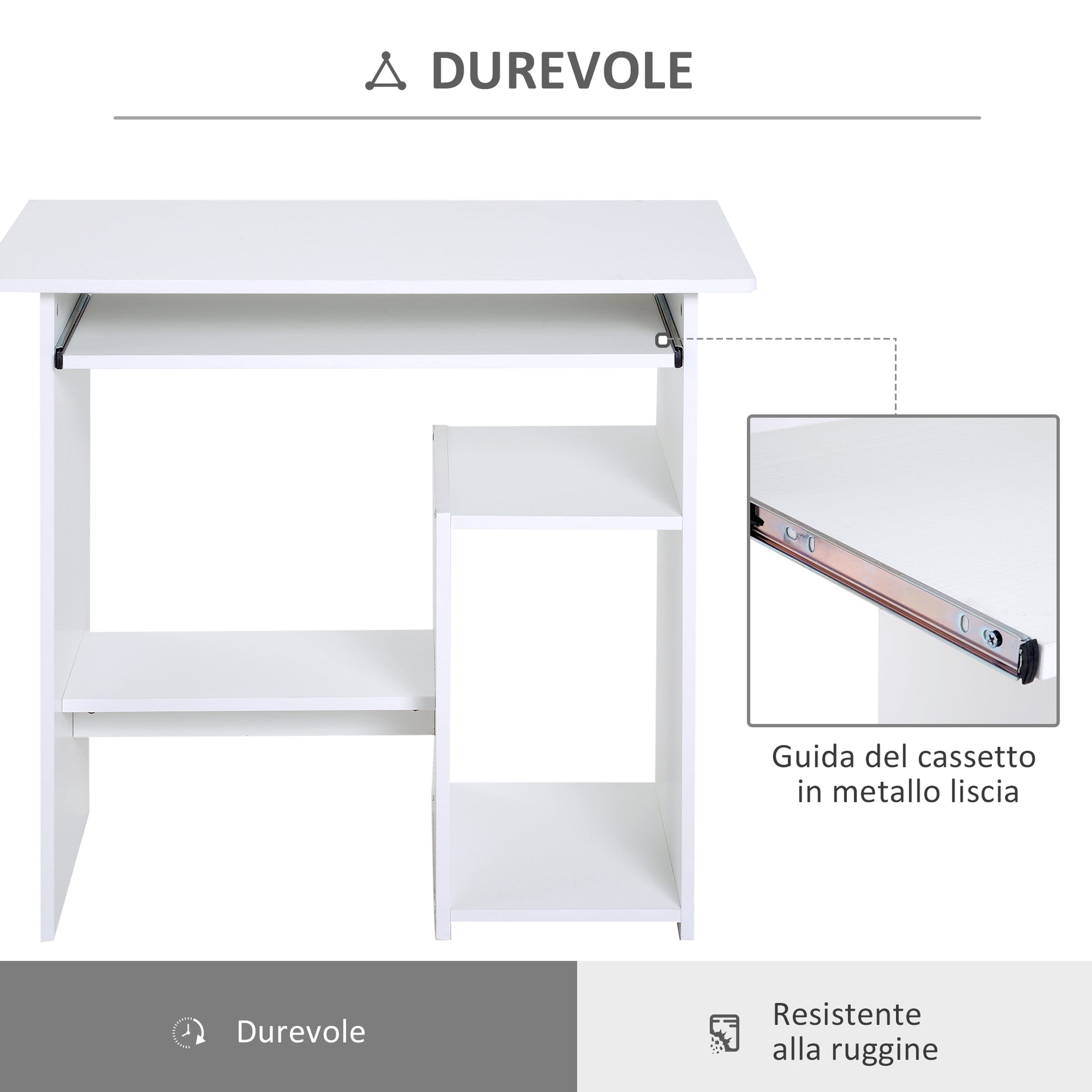 Space Saving Desk for Home and Office, Modern Computer Desk, CPU Holder, Wooden Keyboard Shelf, 80x45x75cm, White