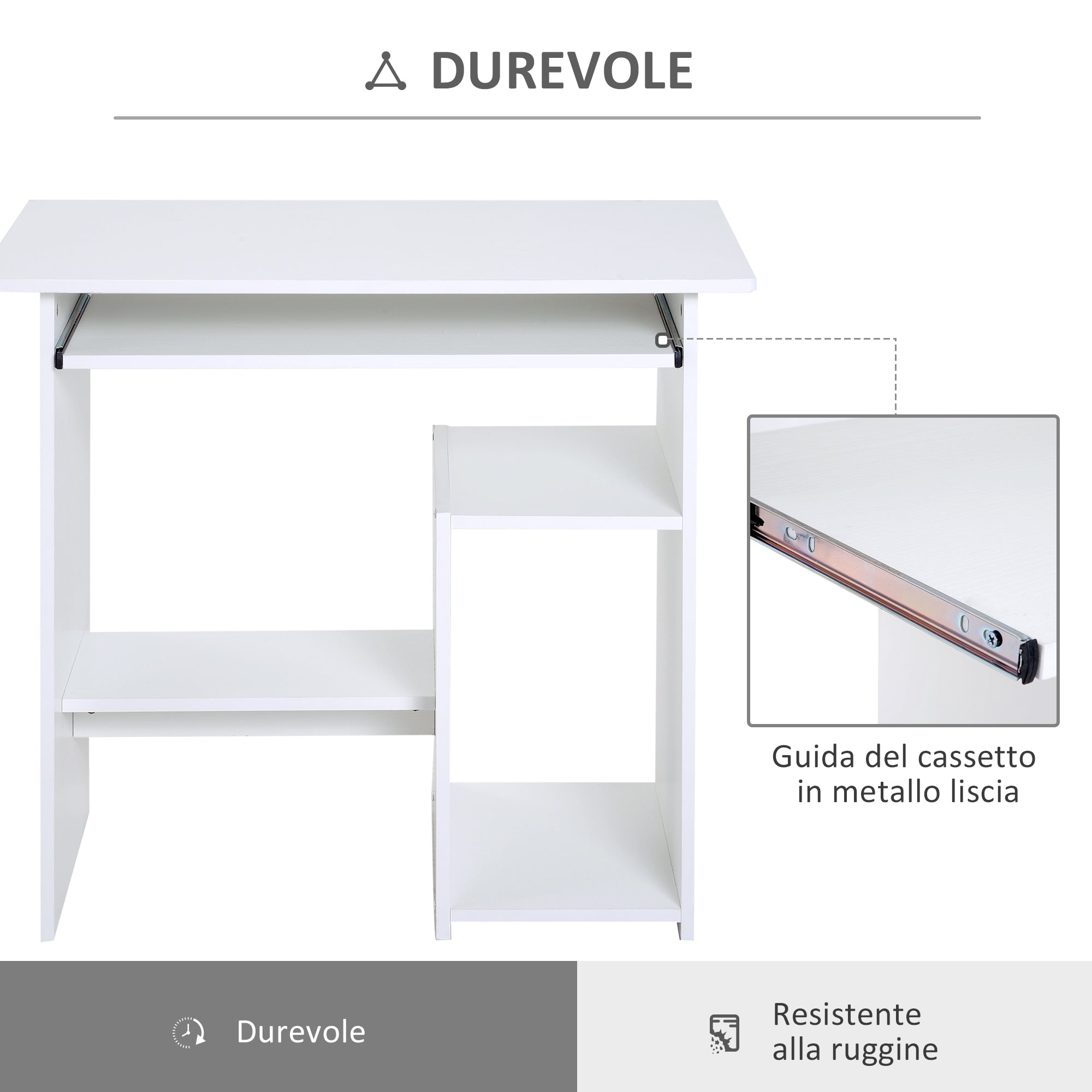 Space Saving Desk for Home and Office, Modern Computer Desk, CPU Holder, Wooden Keyboard Shelf, 80x45x75cm, White