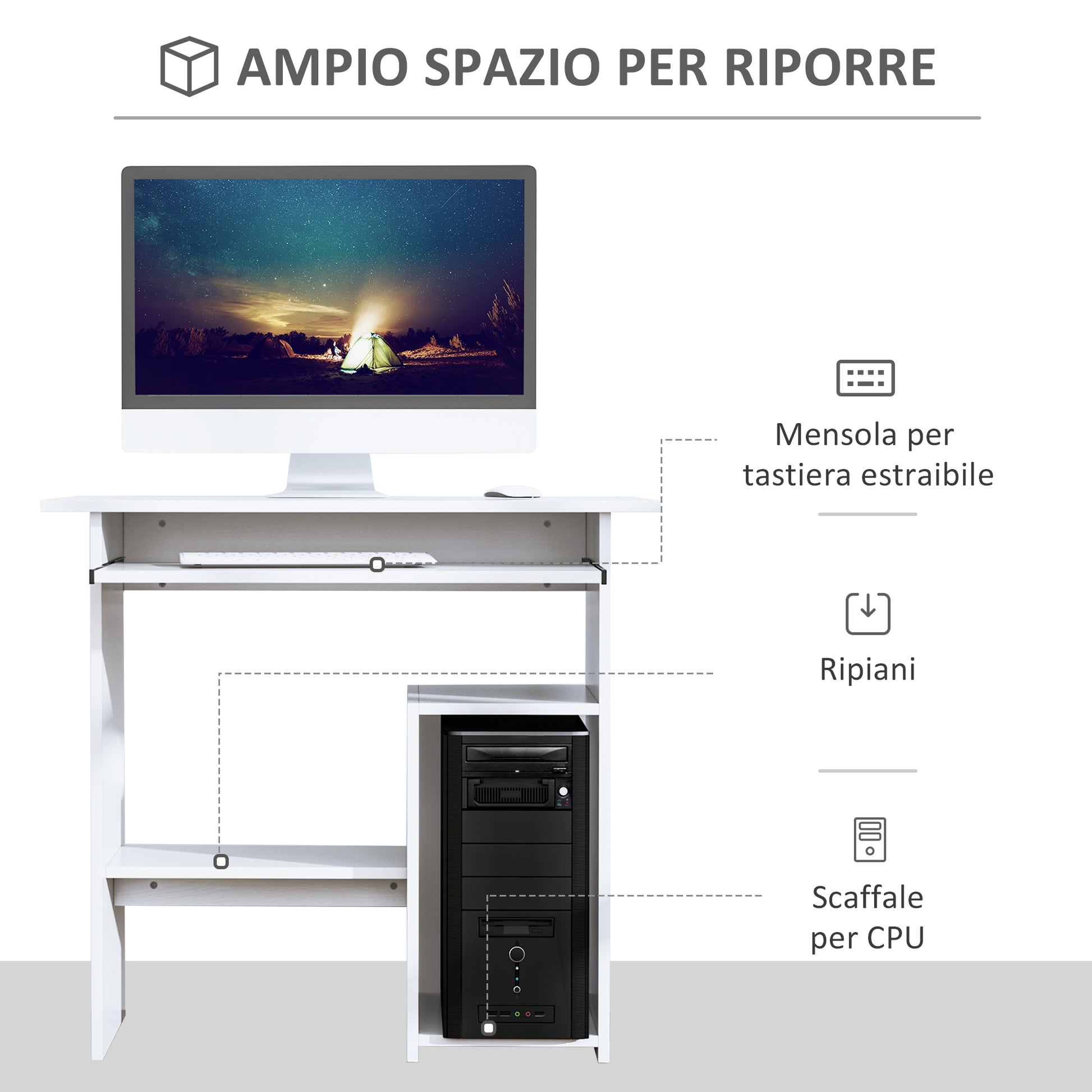 Space Saving Desk for Home and Office, Modern Computer Desk, CPU Holder, Wooden Keyboard Shelf, 80x45x75cm, White