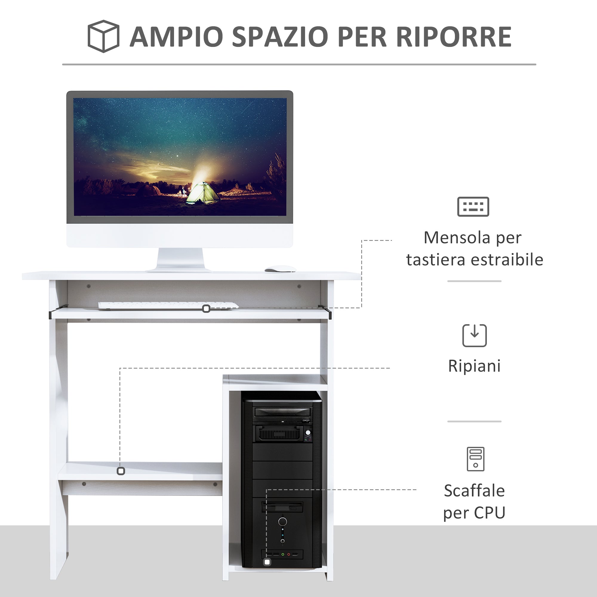 Space Saving Desk for Home and Office, Modern Computer Desk, CPU Holder, Wooden Keyboard Shelf, 80x45x75cm, White