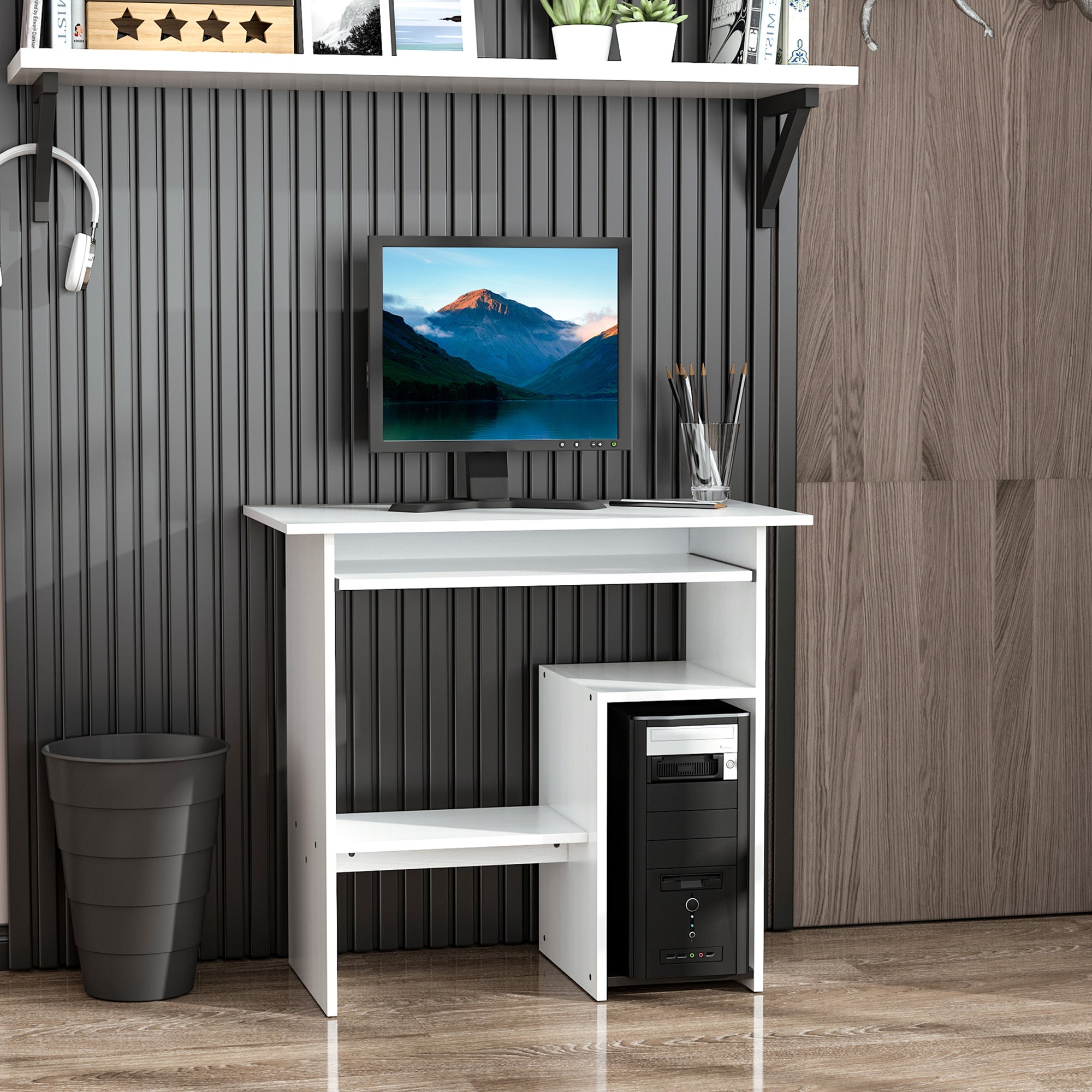 Space Saving Desk for Home and Office, Modern Computer Desk, CPU Holder, Wooden Keyboard Shelf, 80x45x75cm, White