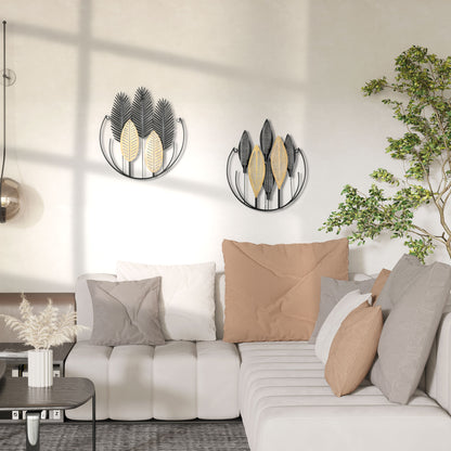 Metal Wall Decoration 2 Pieces 3D Wall Art Leaves Wall Art Metal Picture for Home, Living Room, Bedroom, 40 x 46 cm