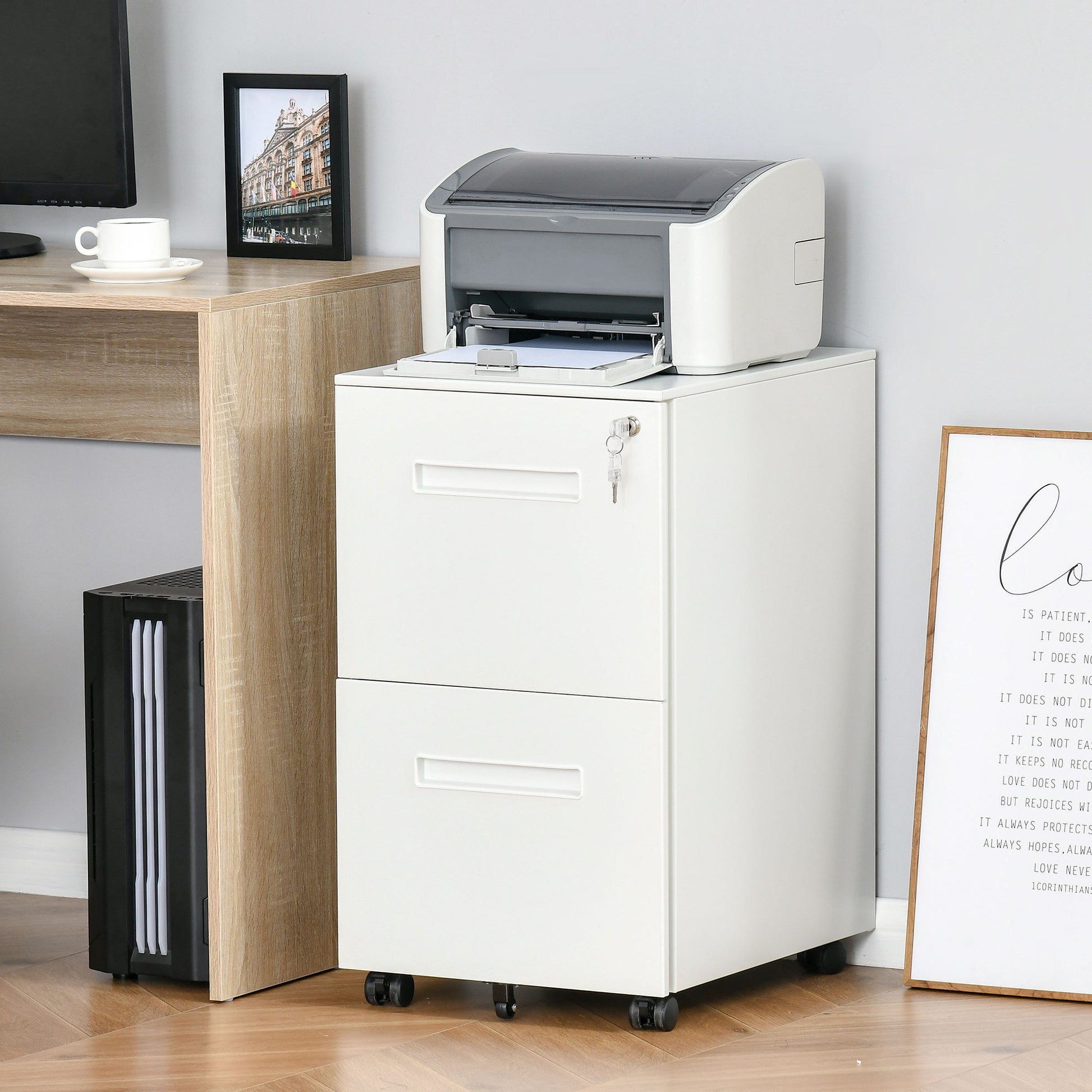 Filing Cabinet with 2 Drawers Lockable Rolling Cabinet Office Container Office Cabinet with Wheels Under Desk Storage with Hanging Files, for A4-sized Documents Steel 39 x 48 x 67 cm