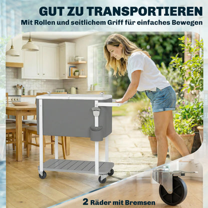 Glacière roulante Outsunny 56 L avec étagère, décapsuleur, récupérateur de capsules, bouchon de vidange et poignée — Pour terrasse, jardin et barbecues, 84 × 38 × 83 cm, gris