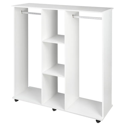 Wardrobe with Wheels Open Wardrobe with Hanging Rail Shelves Organizer for Bedroom Clothing 120x40x128 cm White