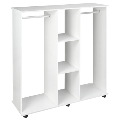 Wardrobe with Wheels Open Wardrobe with Hanging Rail Shelves Organizer for Bedroom Clothing 120x40x128 cm White