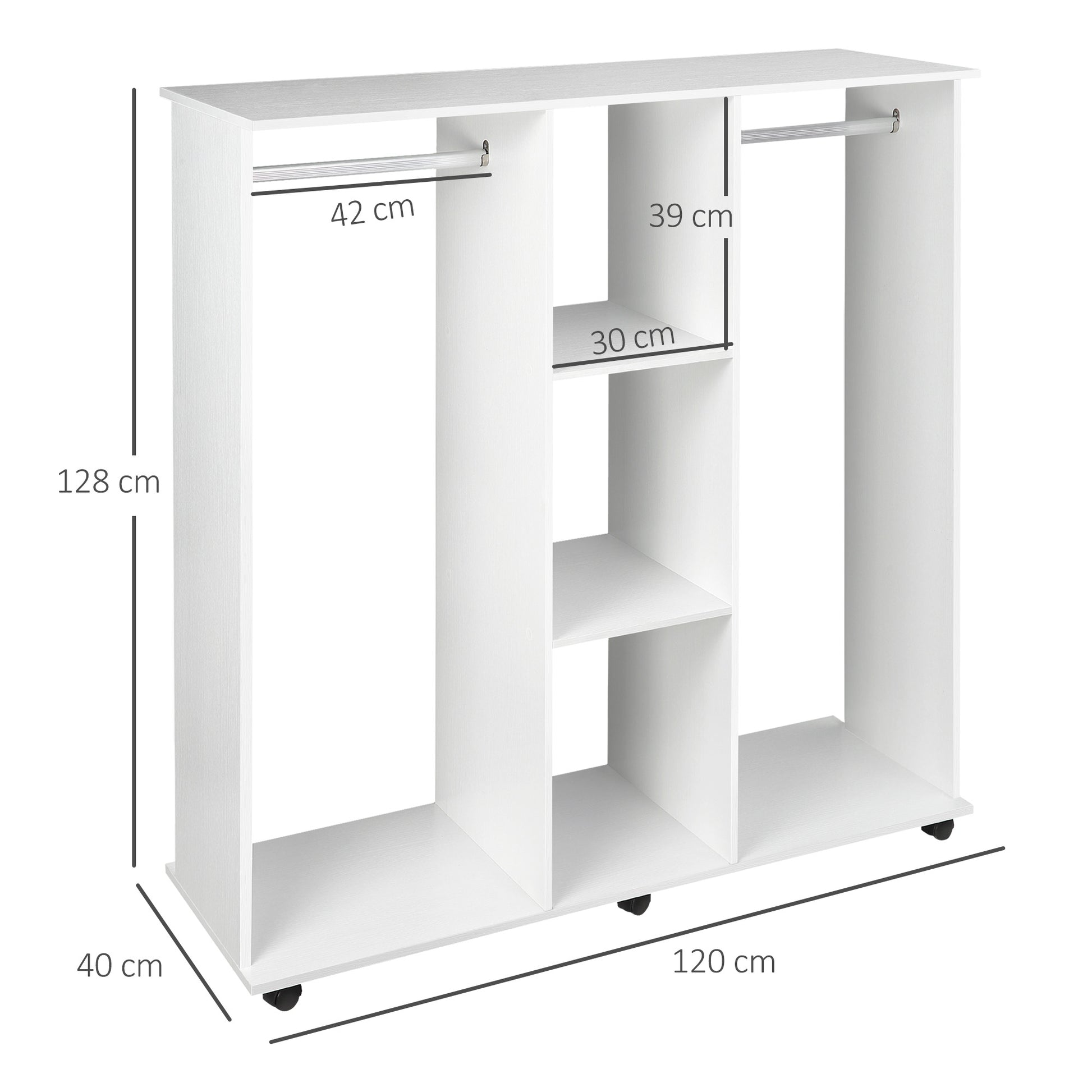 Wardrobe with Wheels Open Wardrobe with Hanging Rail Shelves Organizer for Bedroom Clothing 120x40x128 cm White