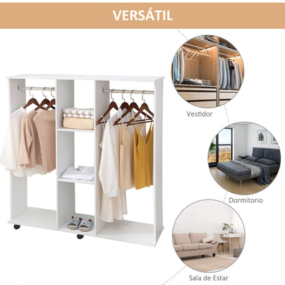 Wardrobe with Wheels Open Wardrobe with Hanging Rail Shelves Organizer for Bedroom Clothing 120x40x128 cm White